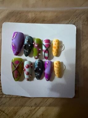 Colorful Hand-Painted Press-On Nail Set with Embellishments 4 sets